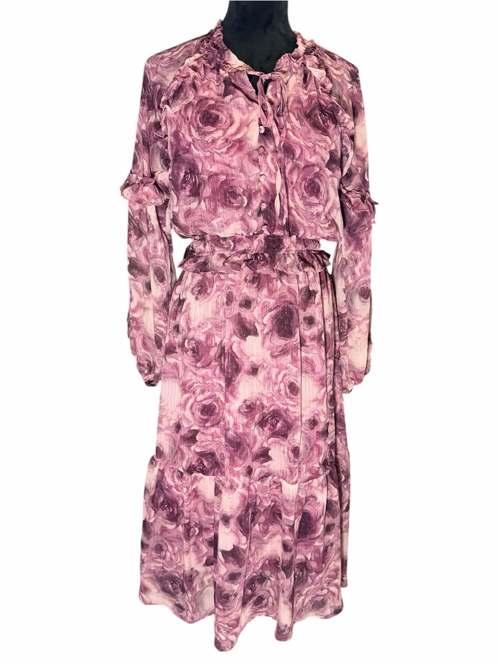Pink Floral Long-Sleeve Tie-Waist Midi Dress